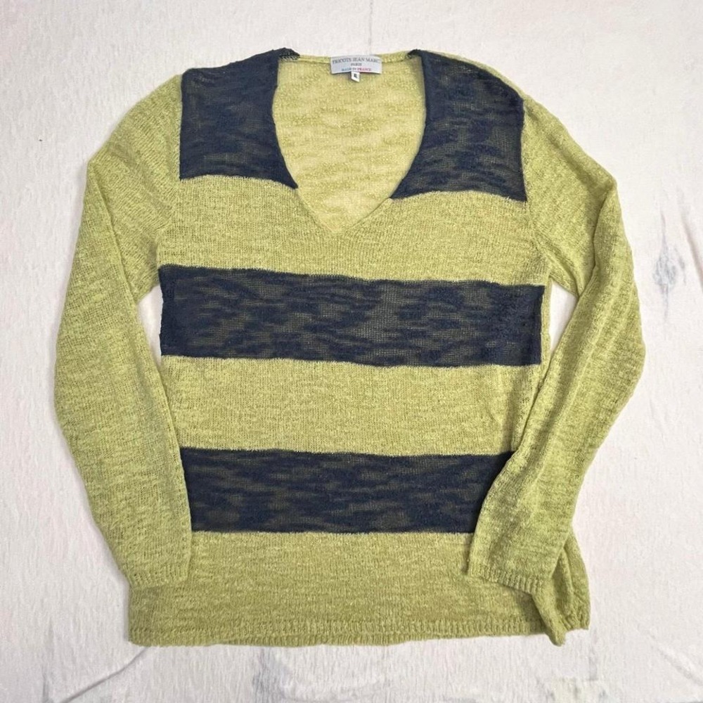 Tricots Jean Marc Paris Sweater XL‎ Green Navy Stripe Sheer Knit France V-Neck